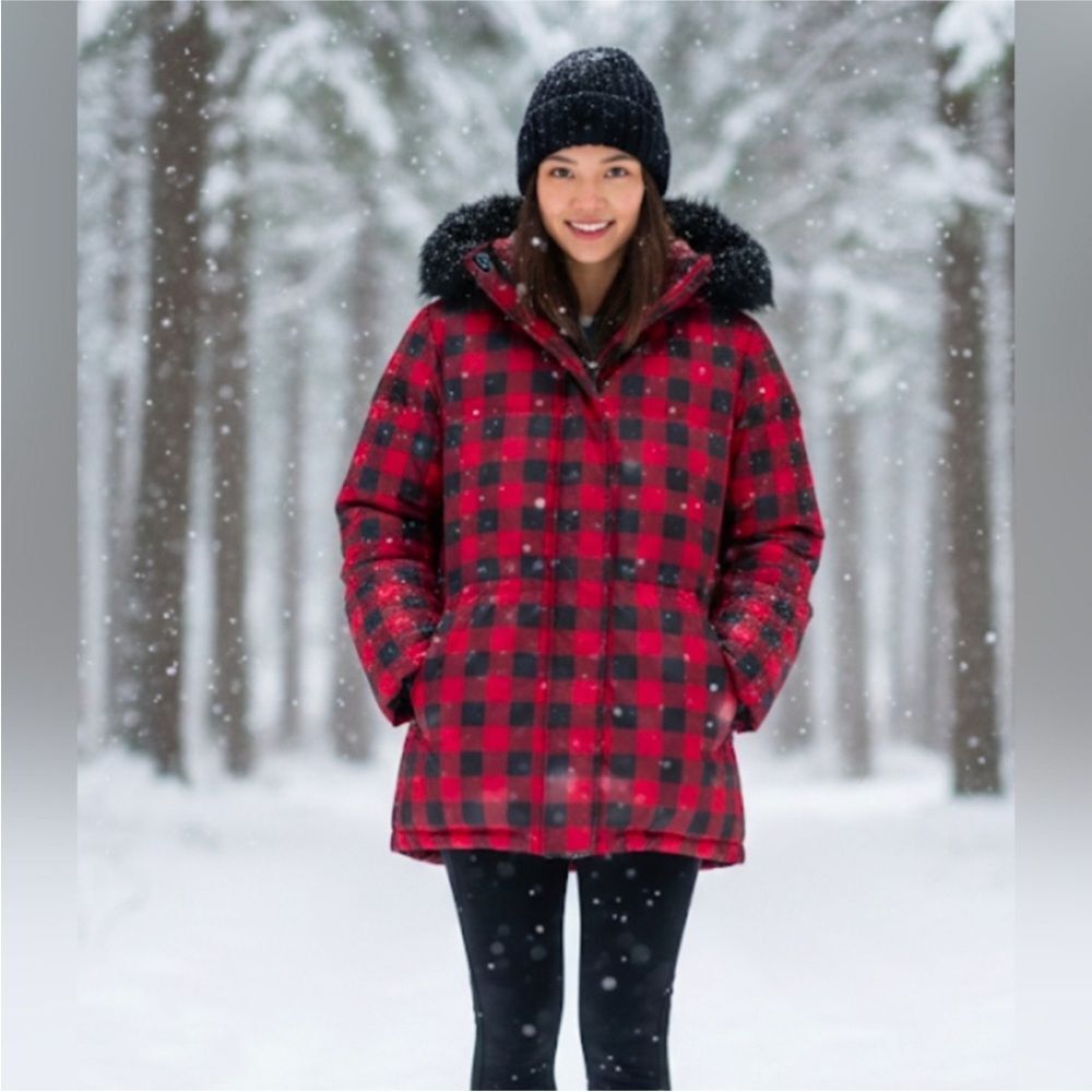 Lauren Ralph Lauren DOWN Buffalo Plaid Red Black Puffer Hooded Parka Coat M